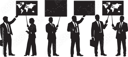 Black Solid Business Analysts Laser Pointer Silhouettes Set of Six on White Background