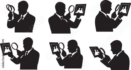 Black Solid Business Analysts Magnifying Loupe Photo Silhouettes Set of Six on White Background