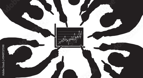 Black Solid Business Analysts Pointing Chart Silhouettes Set of Six on White Background