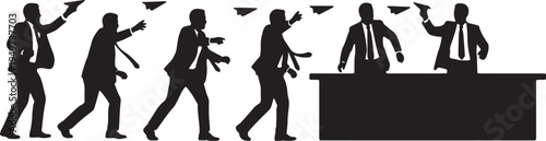 Black Solid Business Analysts Paper Airplanes Desk Silhouettes Set of Six on White Background