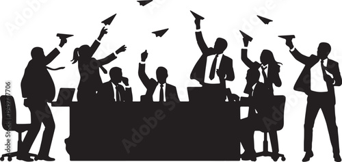 Black Solid Business Analysts Paper Airplanes Desk Silhouettes Set of Six on White Background