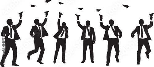 Black Solid Business Analysts Paper Airplanes Silhouettes Set of Six on White Background
