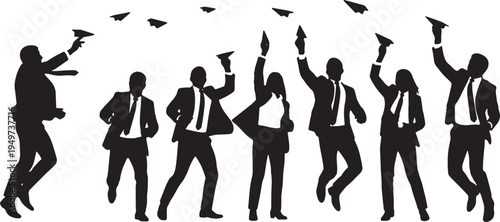 Black Solid Business Analysts Paper Airplanes Silhouettes Set of Six on White Background