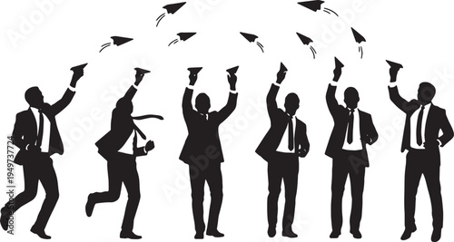 Black Solid Business Analysts Paper Airplanes Silhouettes Set of Six on White Background