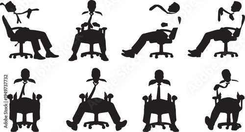 Black Solid Businessmen Loosening Ties Silhouettes Set of Six on White Background