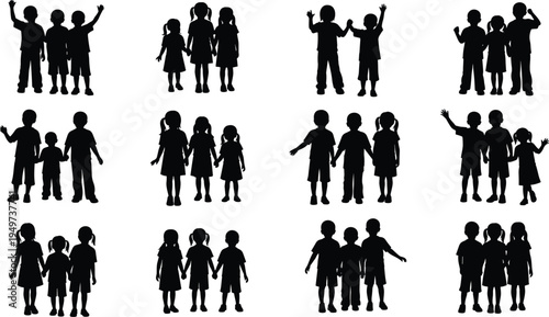 Children silhouettes collection, kids standing together friendship school group childhood vector illustration set isolated