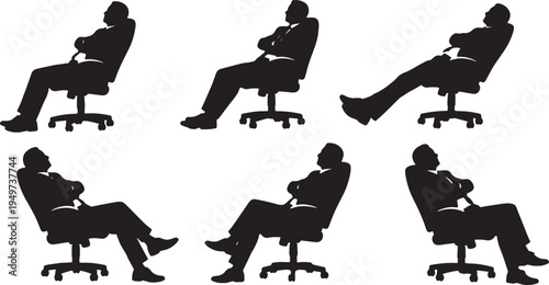 Black Solid Businessmen Leaning Swivel Chair Silhouettes Set of Six on White Background