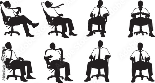 Black Solid Businessmen Loosening Ties Silhouettes Set of Six on White Background