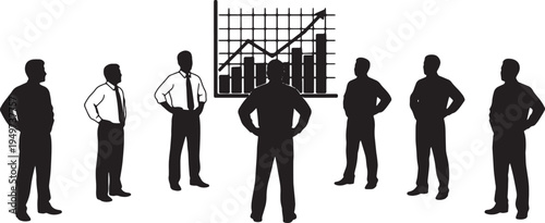 Black Solid Businessmen Observing Data Chart Silhouettes Set of Six on White Background