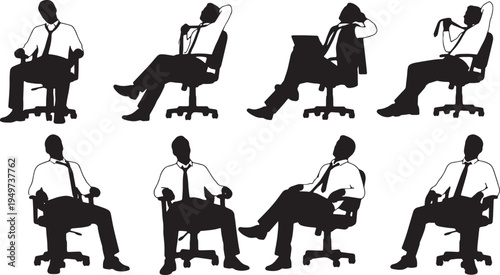 Black Solid Businessmen Loosening Ties Silhouettes Set of Six on White Background