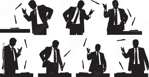 Black Solid Businessmen Tossing Pen Frustration Silhouettes Set of Six on White Background