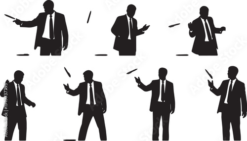 Black Solid Businessmen Tossing Pen Frustration Silhouettes Set of Six on White Background