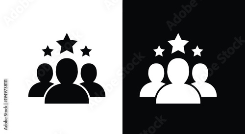 Customer satisfaction, team success icon with silhouettes of people with stars above their heads.  Customer reviews, feedback, and user experience. team achievement, grade ranking, service excellence
