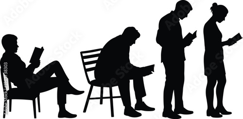 Silhouette group of people reading books sitting and standing, diverse readers studying literature, education concept, black shadow figures isolated on light background minimal