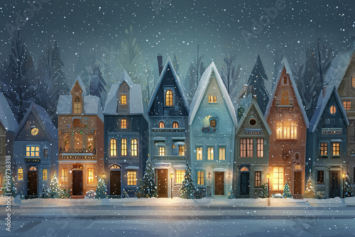 Snowy Christmas village with cozy illuminated houses, snow covered rooftops, and decorated pine trees under dark winter sky, creating peaceful festive atmosphere