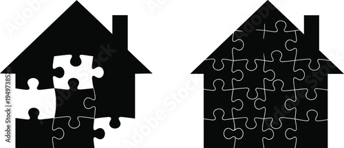 House puzzle silhouettes concept, home building solution teamwork real estate property problem solving vector illustration icon set
