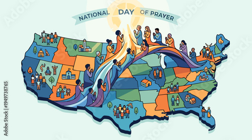 United States Map, Diverse Community Praying with Light Rays, "National Day of Prayer" Banner - Spiritual Unity, Colorful Flat Outline Vector Illustration