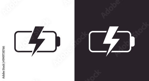 Lightning fast battery charging icon in black and white with lightning bolt symbol to indicate charging status or energy transfer. 