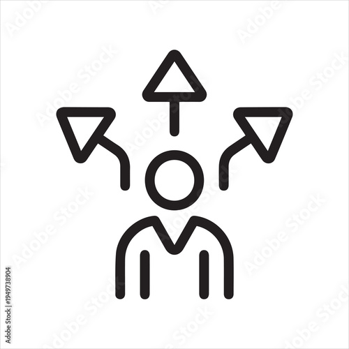 Opportunity, choice option, select possibility path outline icon. Line sign silhouette man and three arrows in different directions. Vector isolated pictogram on white background editable stroke.