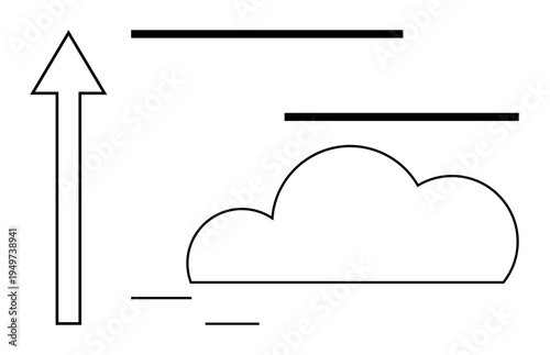 Large upward arrow beside stylized cloud with horizontal line accents. Ideal for progress, growth, future, innovation, aspirations, cloud computing, simplicity. Clean visual for simple flat metaphor
