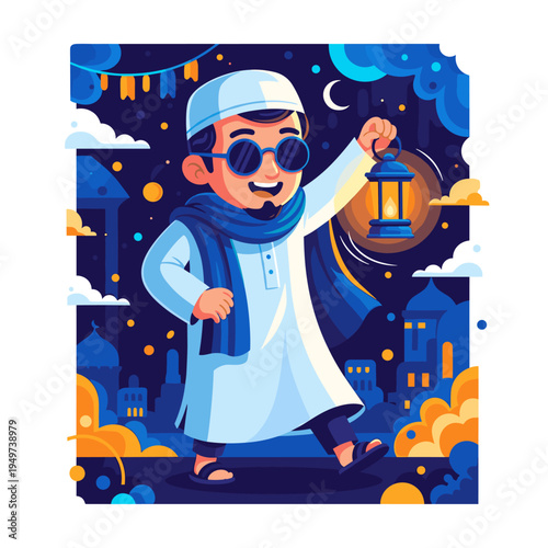 Young Muslim Man with Lantern Celebrating Ramadan Night Illustration
