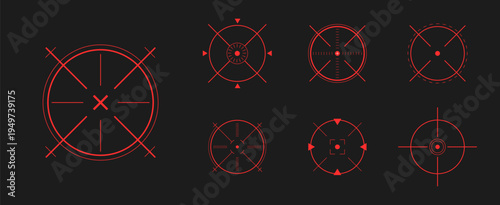 Crosshair Hud red. Glowing neon light and laser Hud set. Various icons for game interface design. Tech aesthetics with crosshair elements. Flat Vector illustration.