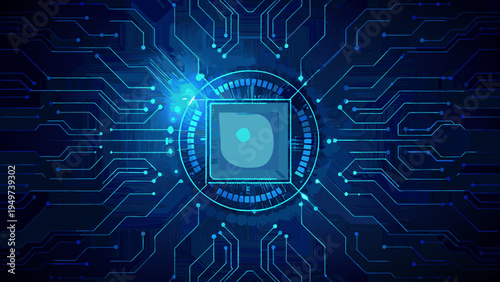 Abstract digital circuit board with a central glowing blue square