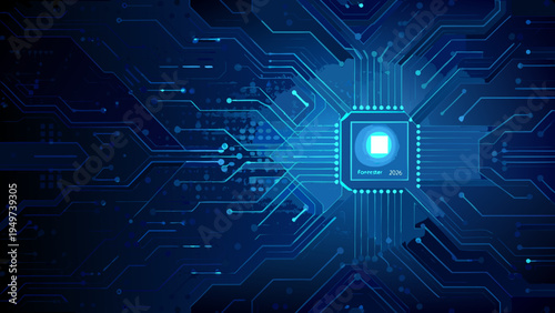Abstract blue circuit board pattern with a central processor component