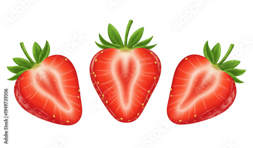 A vector graphic illustration of three red strawberries with green leaves