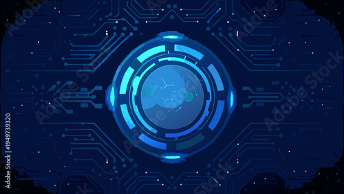 Futuristic blue circuit board with a glowing central oval design