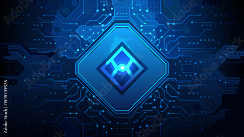 Abstract digital network with glowing geometric shapes and interconnected circuits