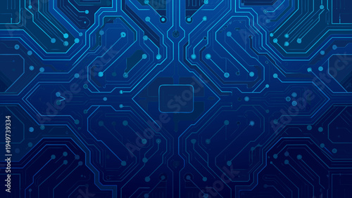 Abstract blue circuit board pattern with symmetrical hexagonal and square elements