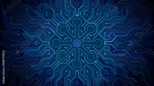 Intricate blue circuit board pattern with a symmetrical floral design