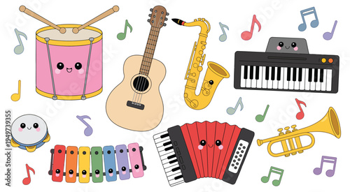 Cartoon music icons collection, adorable vector illustrations of drum, guitar, saxophone, piano, accordion, trumpet, tambourine, and xylophone, perfect for kids’ apps, educational content, 