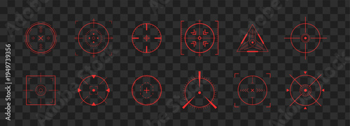Red crosshair Hud. Focus with bullseye. Exploding clip art and compass. Hunting gun viewfinder with crosshair. UI Vector illustration.