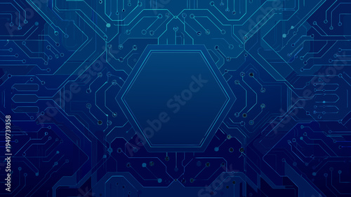Abstract blue circuit board pattern with a central hexagonal shape