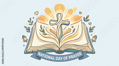 Open Bible & Cross with Praying Hands, Sunburst, 'National Day of Prayer' Banner - Spirituality, Religion - Outline Flat Design, Muted Colors - Editable Vector Illustration.