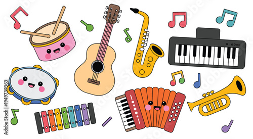 Cute cartoon music instruments icons set, colorful hand-drawn illustrations including drum, guitar, saxophone, piano, accordion, trumpet, tambourine, and xylophone for playful musical design projects.