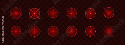 Crosshair Hud red. Tactical sniper scope viewfinder with radar. Location detection set. Futuristic game tech interface. Modern Vector illustration.