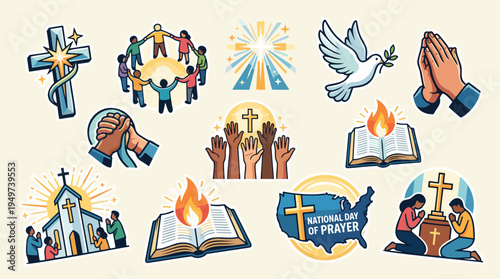 Christian Religious Icons Collection: Prayer, Worship, Community, Dove, Cross, Bible, Church. Flat Cartoon Vibrant Vector Sticker Set for Faith & Spirituality.