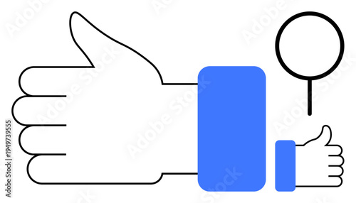 Thumb gesture concept emphasizing approval and analysis. Approval conveyed through thumbs-up symbols. Analysis with magnifying glass icon. Perfect for communication, research, teamwork, success