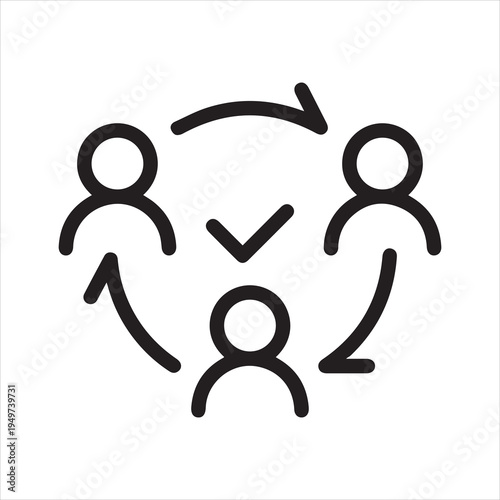 Mutual collaboration, exchange of experience, mutual assistance outline icon. Line sign three human symbols connected by arrows. Vector isolated pictogram for web on white background editable stroke.
