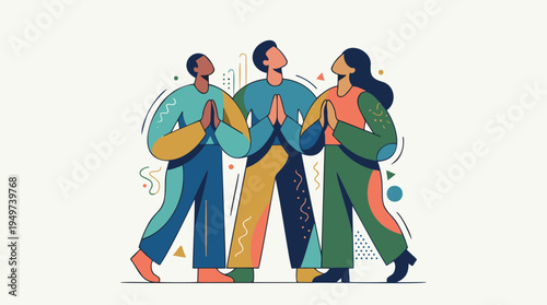 Diverse Group People Hands in Prayer Gesture Looking Up with Abstract Shapes. Spirituality, Mindfulness, Community Unity. Modern Flat Vector Art, Muted Earth Tones, Digital Graphic Illustration.