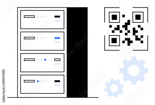 Technology infrastructure, database management, networking, process automation, smart solutions, and data storage. Image of a server stack, QR code and gear icons. Technology and database management