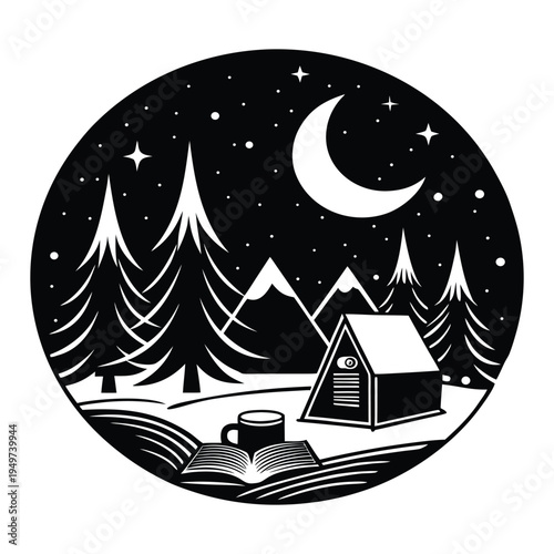 Black and white circular of a nighttime forest cabin scene with open book mug and pine trees under a crescent moon