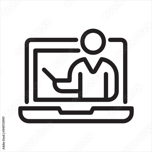 Online group workshop, web webinar, video training meeting, speaker outline icon. Line sign laptop with web conference. Vector isolated pictogram for web and app on white background editable stroke.