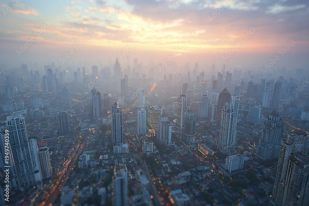 Obraz premium Aerial drone view of city skyline at sunrise with skyscraper buildings and busy streets glowing under colorful sky, creating peaceful and vibrant urban atmosphere