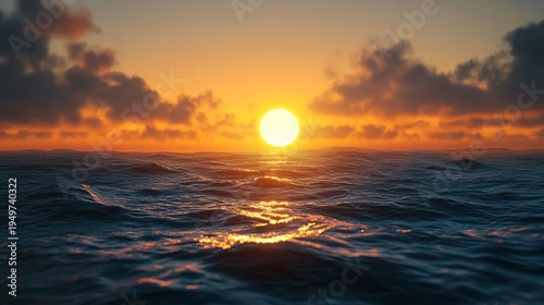 Golden sunrise over calm ocean waters with soft morning light and tranquil horizon