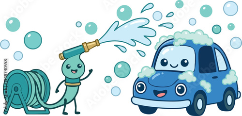 Web Cute Kawaii Blue Car and Garden Hose Character Vector, Cartoon Water Hose Reel Spraying Bubbles on Happy Vehicle, Auto Detailing Mascot Illustration for Kids and Businesses