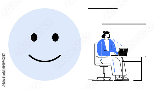 Workplace wellbeing. happy face and a person working on a laptop at a desk with ergonomic posture and focus. Workplace wellbeing enhancing productivity and mental positivity. For HR, office culture